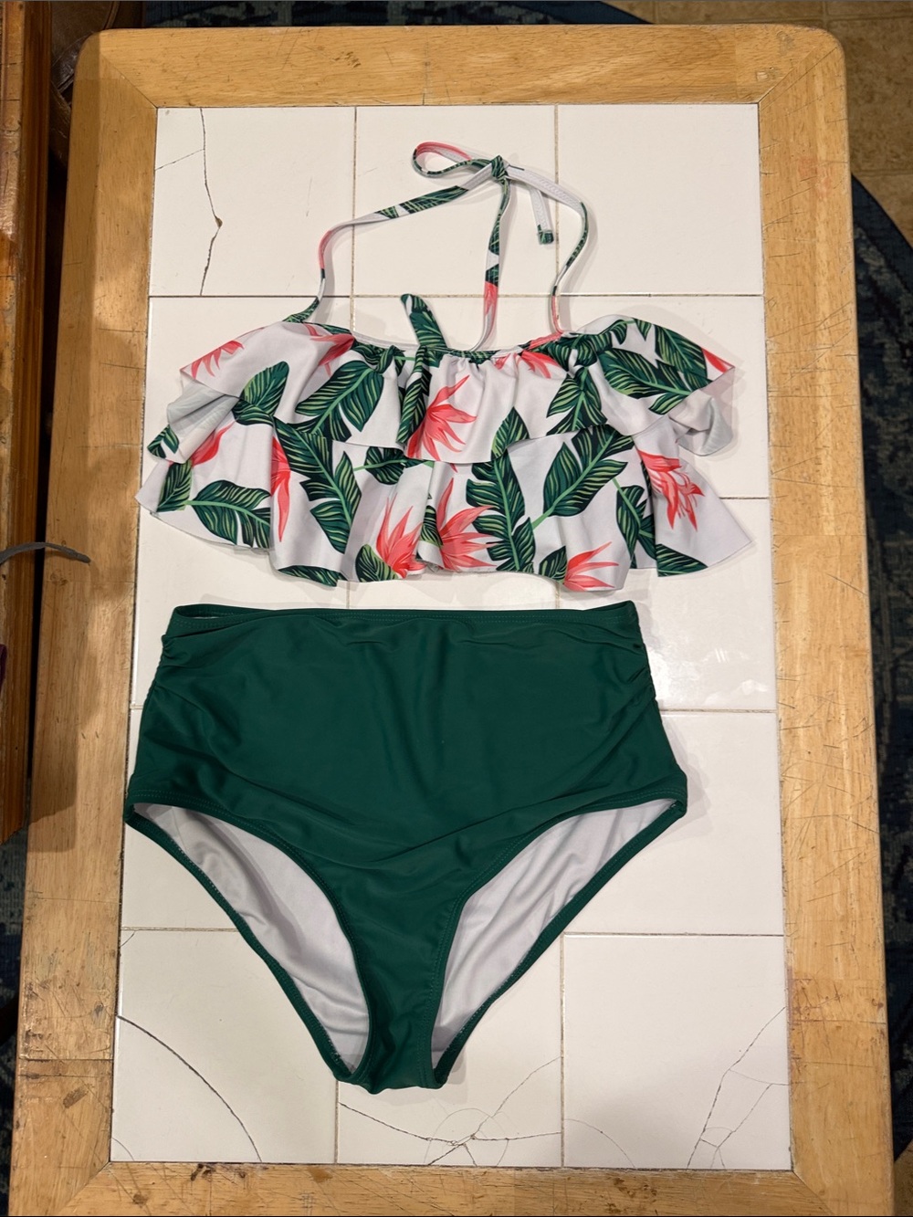 Tropical Leaf Ruffle Two-Piece Swimsuit - Green